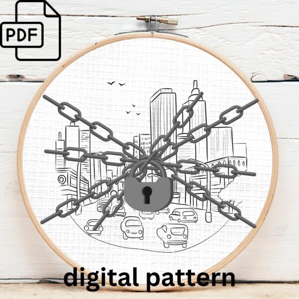 bustling cityscape hand embroidery pattern, bustling cityscape pattern, hand embroidery, hand embroidery pdf