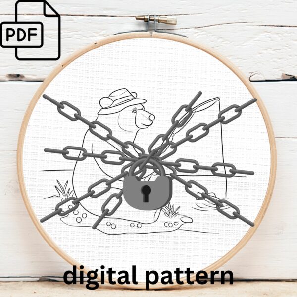 fishing bear embroidery hand embroidery pattern, fishing bear pattern, hand embroidery, hand embroidery pdf
