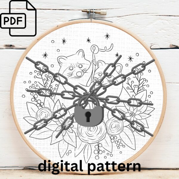 raccoon pair holiday embroidery hand embroidery pattern, raccoon pair holiday pattern, hand embroidery, hand embroidery pdf