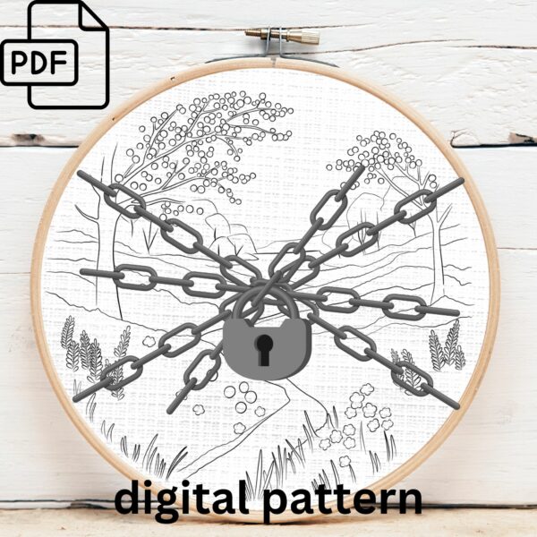 serene river landscape hand embroidery pattern, serene river landscape pattern, hand embroidery, hand embroidery pdf