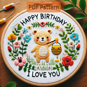 happy birthday bear hand embroidery pattern, happy pattern, hand embroidery, hand embroidery pdf
