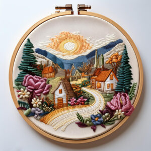 sunlit village embroidery art hand embroidery pattern, sunlit pattern, hand embroidery, hand embroidery pdf