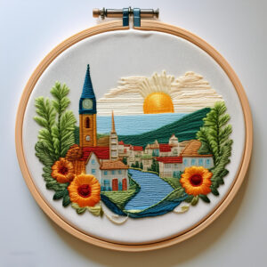 village by the sunrise hand embroidery pattern, village pattern, hand embroidery, hand embroidery pdf