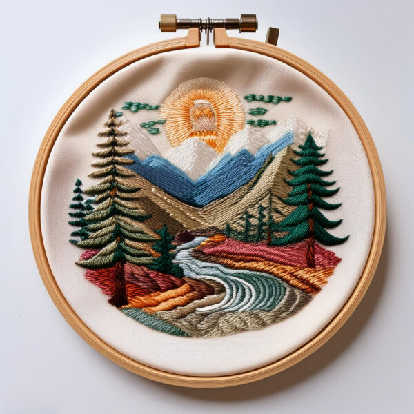 sunlit mountain embroidery scene hand embroidery pattern, sunlit pattern, hand embroidery, hand embroidery pdf