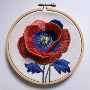 red petals with a deep blue hand embroidery pattern, red pattern, hand embroidery, hand embroidery pdf