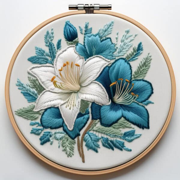 blue and white lily embroidery hand embroidery pattern, blue pattern, hand embroidery, hand embroidery pdf