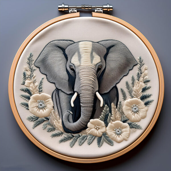 majestic elephant embroidery art with floral accents hand embroidery pattern, majestic pattern, hand embroidery, hand embroidery pdf