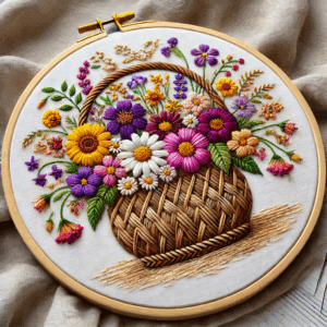 basket vase filled with a vibrant bouquet hand embroidery pattern, basket pattern, hand embroidery, hand embroidery pdf
