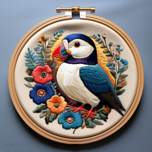 vibrant puffin hand embroidery pattern, vibrant pattern, hand embroidery, hand embroidery pdf