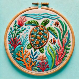 sea turtle with seaweed hand embroidery pattern, sea pattern, hand embroidery, hand embroidery pdf