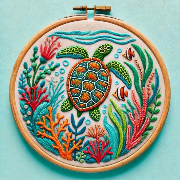 sea turtle with seaweed hand embroidery pattern, sea pattern, hand embroidery, hand embroidery pdf
