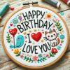 happy birthday kitty hand embroidery pattern, happy pattern, hand embroidery, hand embroidery pdf