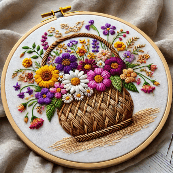 basket vase filled with a vibrant bouquet hand embroidery pattern, basket pattern, hand embroidery, hand embroidery pdf