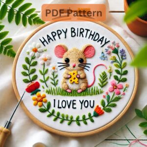 happy birtmouse hand embroidery pattern, happy pattern, hand embroidery, hand embroidery pdf