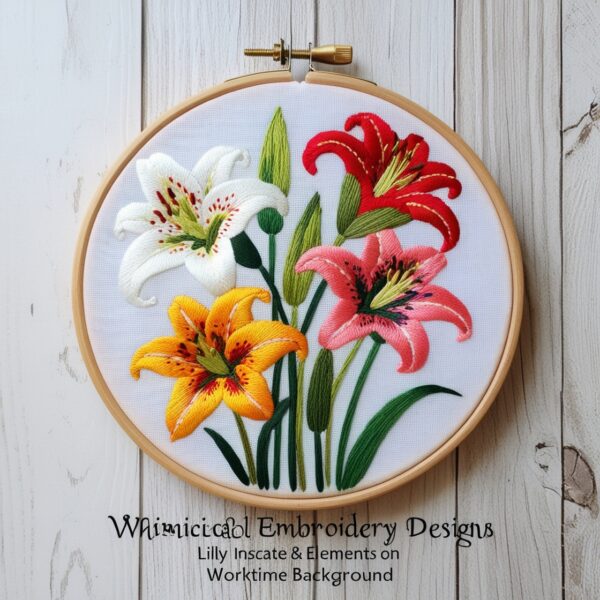 colorful lilies hand embroidery pattern, colorful pattern, hand embroidery, hand embroidery pdf