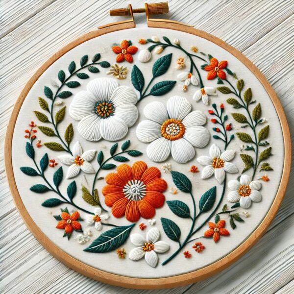 floral white and orange hand embroidery pattern, floral pattern, hand embroidery, hand embroidery pdf
