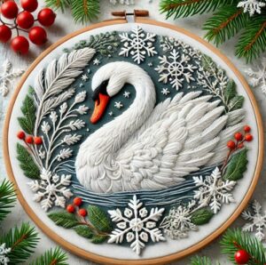 elegant winter swan hand embroidery pattern, elegant pattern, hand embroidery, hand embroidery pdf