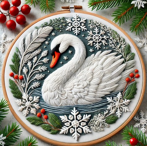 elegant winter swan hand embroidery pattern, elegant pattern, hand embroidery, hand embroidery pdf