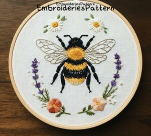 bumblebee and floral hand embroidery pattern, bumblebee and floral pattern, hand embroidery, hand embroidery pdf
