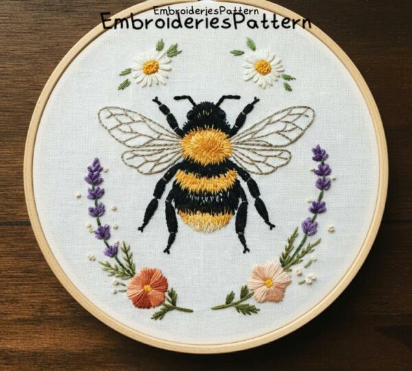 bumblebee and floral hand embroidery pattern, bumblebee and floral pattern, hand embroidery, hand embroidery pdf