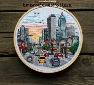 bustling cityscape hand embroidery pattern, bustling cityscape pattern, hand embroidery, hand embroidery pdf