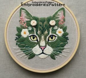 cat floral hand embroidery pattern, cat floral pattern, hand embroidery, hand embroidery pdf