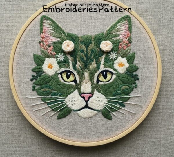 cat floral hand embroidery pattern, cat floral pattern, hand embroidery, hand embroidery pdf