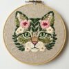 cat floral embroidery art hand embroidery pattern, cat floral art pattern, hand embroidery, hand embroidery pdf