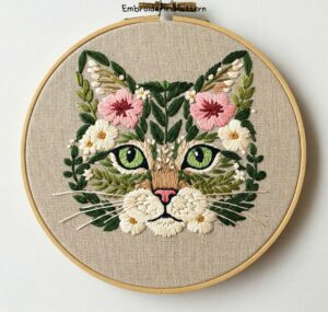cat floral embroidery art hand embroidery pattern, cat floral art pattern, hand embroidery, hand embroidery pdf