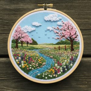 spring meadow landscape hand embroidery pattern, spring meadow landscape pattern, hand embroidery, hand embroidery pdf