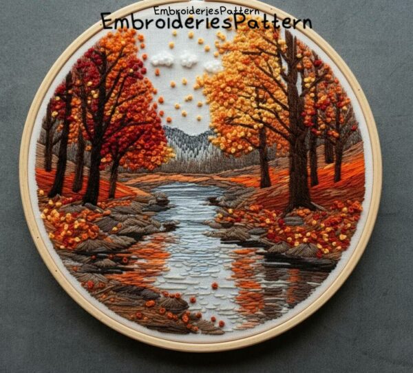 autumn river landscape embroidery hand embroidery pattern, autumn river landscape pattern, hand embroidery, hand embroidery pdf