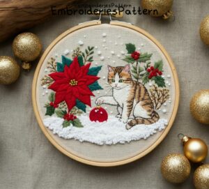 christmas cat hand embroidery pattern, christmas cat pattern, hand embroidery, hand embroidery pdf