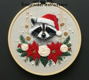 christmas raccoon hand embroidery pattern, christmas raccoon pattern, hand embroidery, hand embroidery pdf