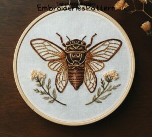 cicada and floral embroidery hand embroidery pattern, cicada and floral pattern, hand embroidery, hand embroidery pdf