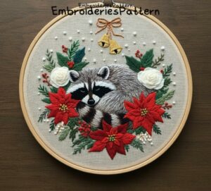cozy christmas raccoon hand embroidery pattern, cozy christmas raccoon pattern, hand embroidery, hand embroidery pdf