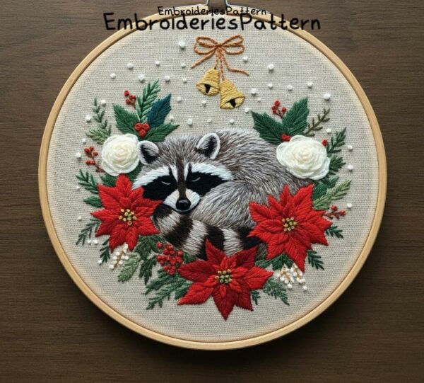 cozy christmas raccoon hand embroidery pattern, cozy christmas raccoon pattern, hand embroidery, hand embroidery pdf
