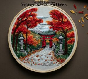 autumn torii gate embroidery hand embroidery pattern, autumn torii gate pattern, hand embroidery, hand embroidery pdf