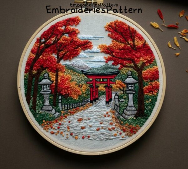 autumn torii gate embroidery hand embroidery pattern, autumn torii gate pattern, hand embroidery, hand embroidery pdf