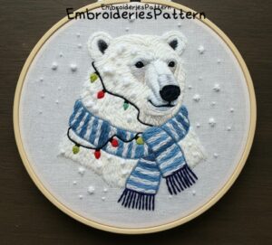 festive polar bear hand embroidery pattern, festive polar bear pattern, hand embroidery, hand embroidery pdf