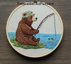 fishing bear embroidery hand embroidery pattern, fishing bear pattern, hand embroidery, hand embroidery pdf