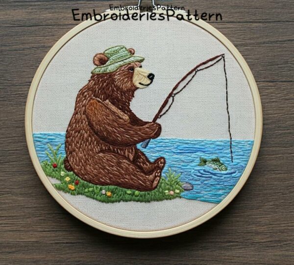 fishing bear embroidery hand embroidery pattern, fishing bear pattern, hand embroidery, hand embroidery pdf