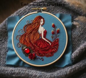 flowing red haired woman embroidery hand embroidery pattern, flowing red haired woman pattern, hand embroidery, hand embroidery pdf