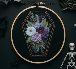 gothic floral coffin hand embroidery pattern, gothic floral coffin pattern, hand embroidery, hand embroidery pdf