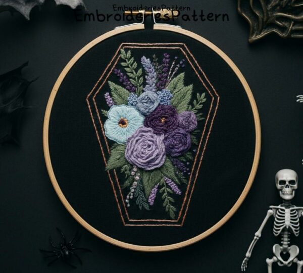 gothic floral coffin hand embroidery pattern, gothic floral coffin pattern, hand embroidery, hand embroidery pdf