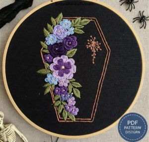 gothic floral coffin embroidery hand embroidery pattern, gothic floral coffin pattern, hand embroidery, hand embroidery pdf