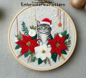 holiday wreath cat hand embroidery pattern, holiday wreath cat pattern, hand embroidery, hand embroidery pdf