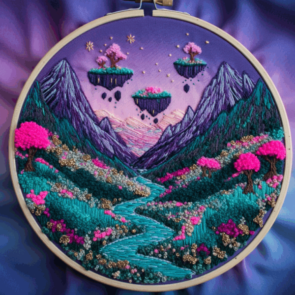 whimsical mountain landscape hand embroidery pattern, whimsical mountain landscape pattern, hand embroidery, hand embroidery pdf