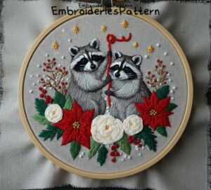 raccoon pair holiday embroidery hand embroidery pattern, raccoon pair holiday pattern, hand embroidery, hand embroidery pdf