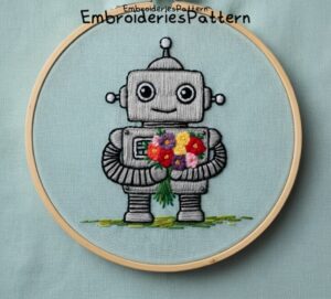 robot with flowers embroidery hand embroidery pattern, robot with flowers pattern, hand embroidery, hand embroidery pdf