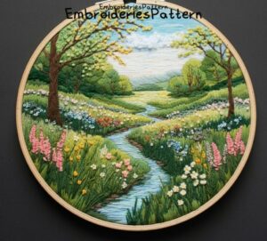 serene river landscape hand embroidery pattern, serene river landscape pattern, hand embroidery, hand embroidery pdf